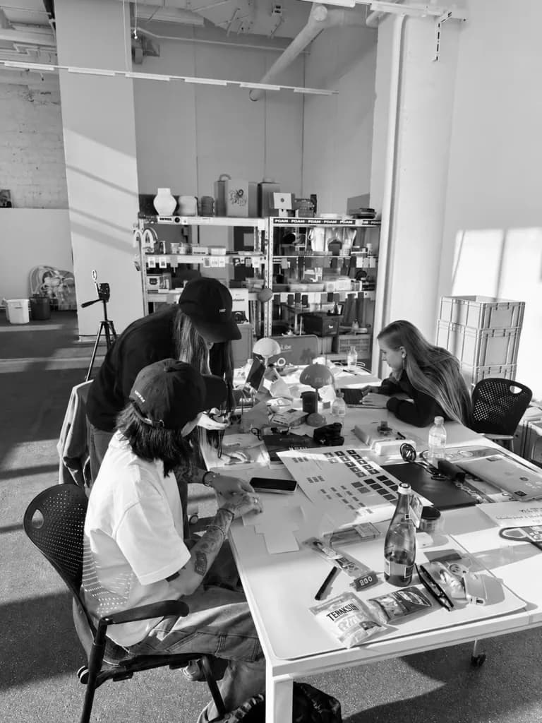 Product team working around a table covered in prototypes